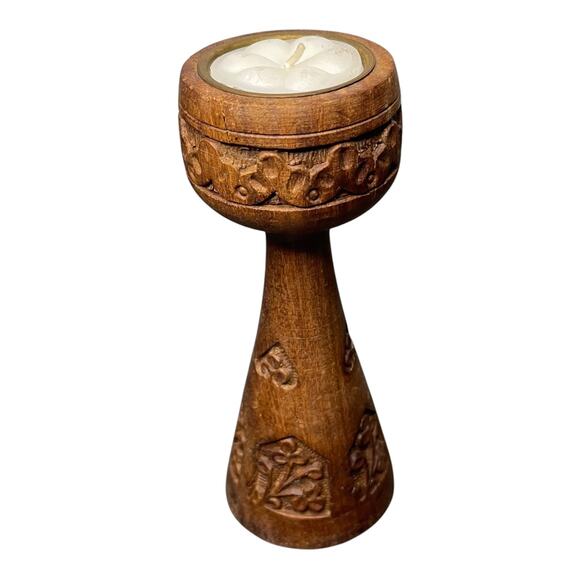 Hand-Carved Wooden Tea Light Candle Holder Floral Design Signed Made in India - Picture 2 of 9